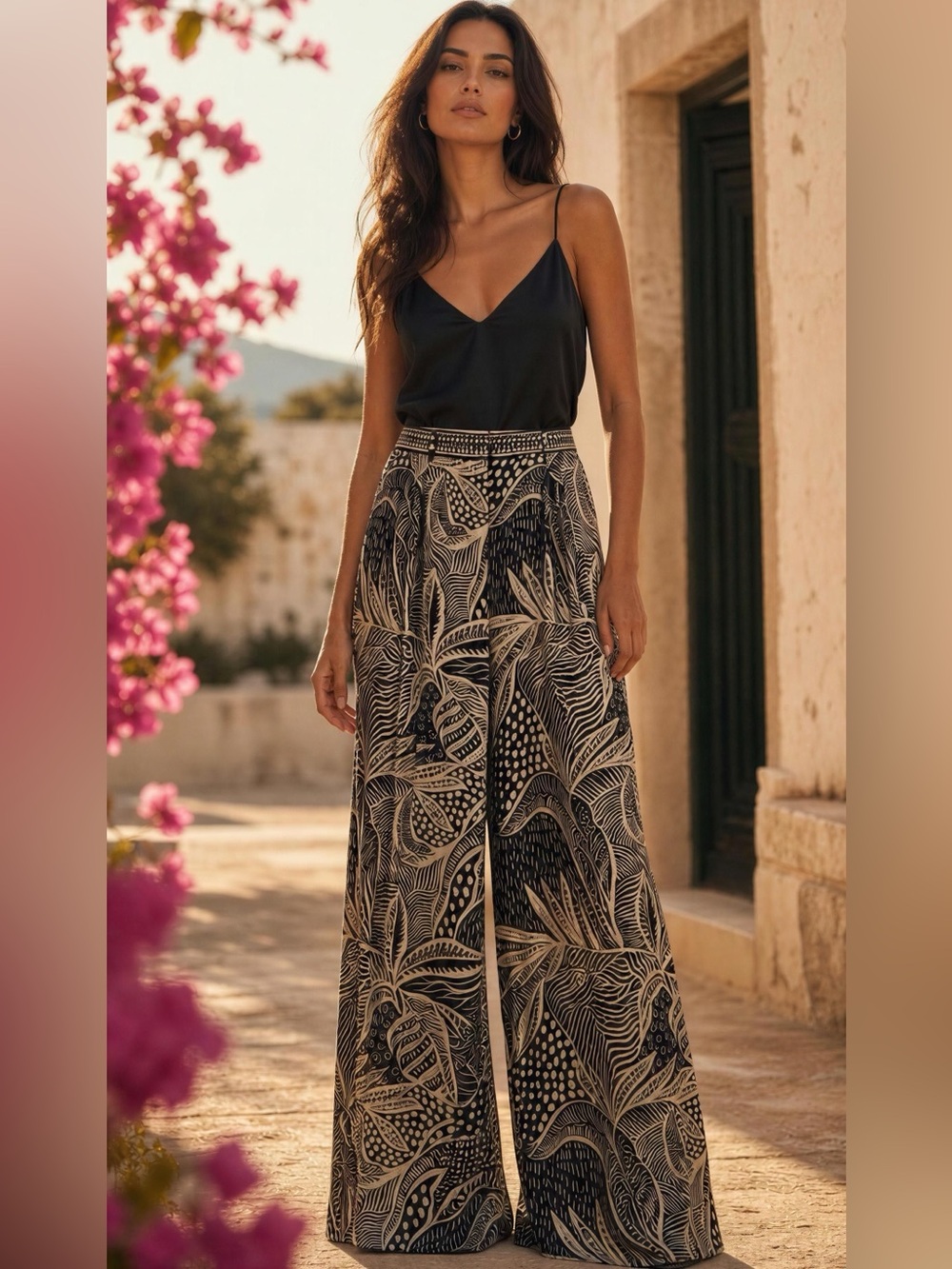 ANTONIO MELANI Black and Cream Wide-Leg Printed Jumpsuit Pants